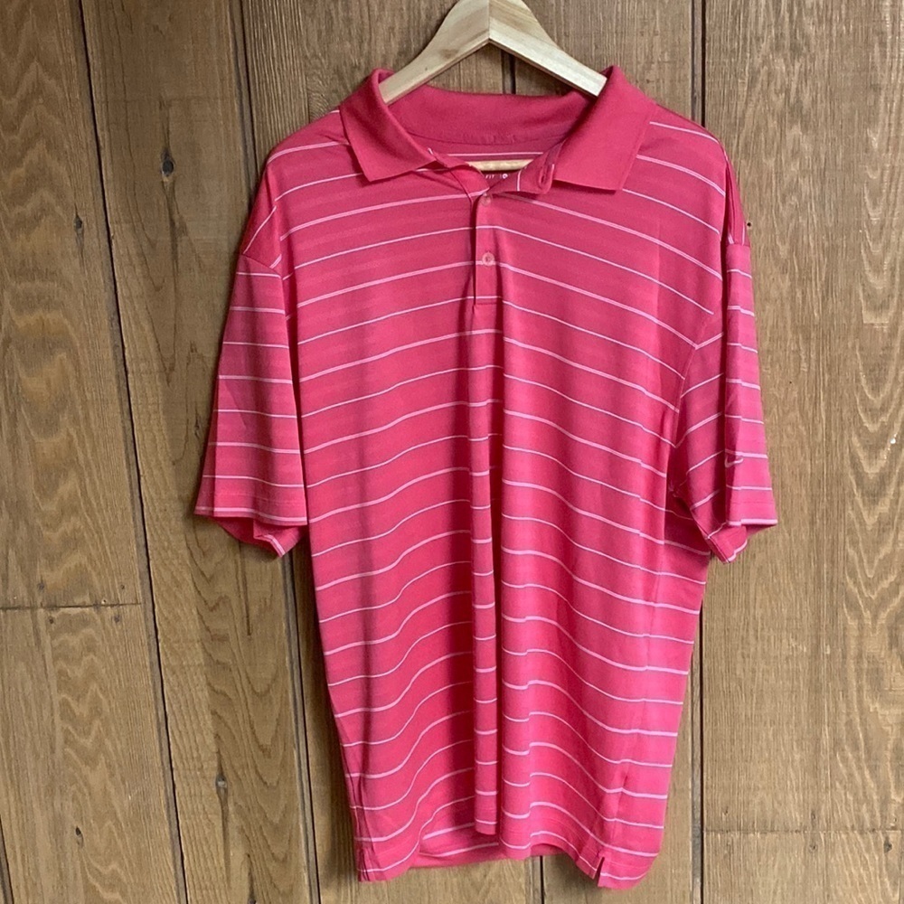 Nike Golf Dri Fit Men’s hot pink white striped breathable polo‎ shirt siz…